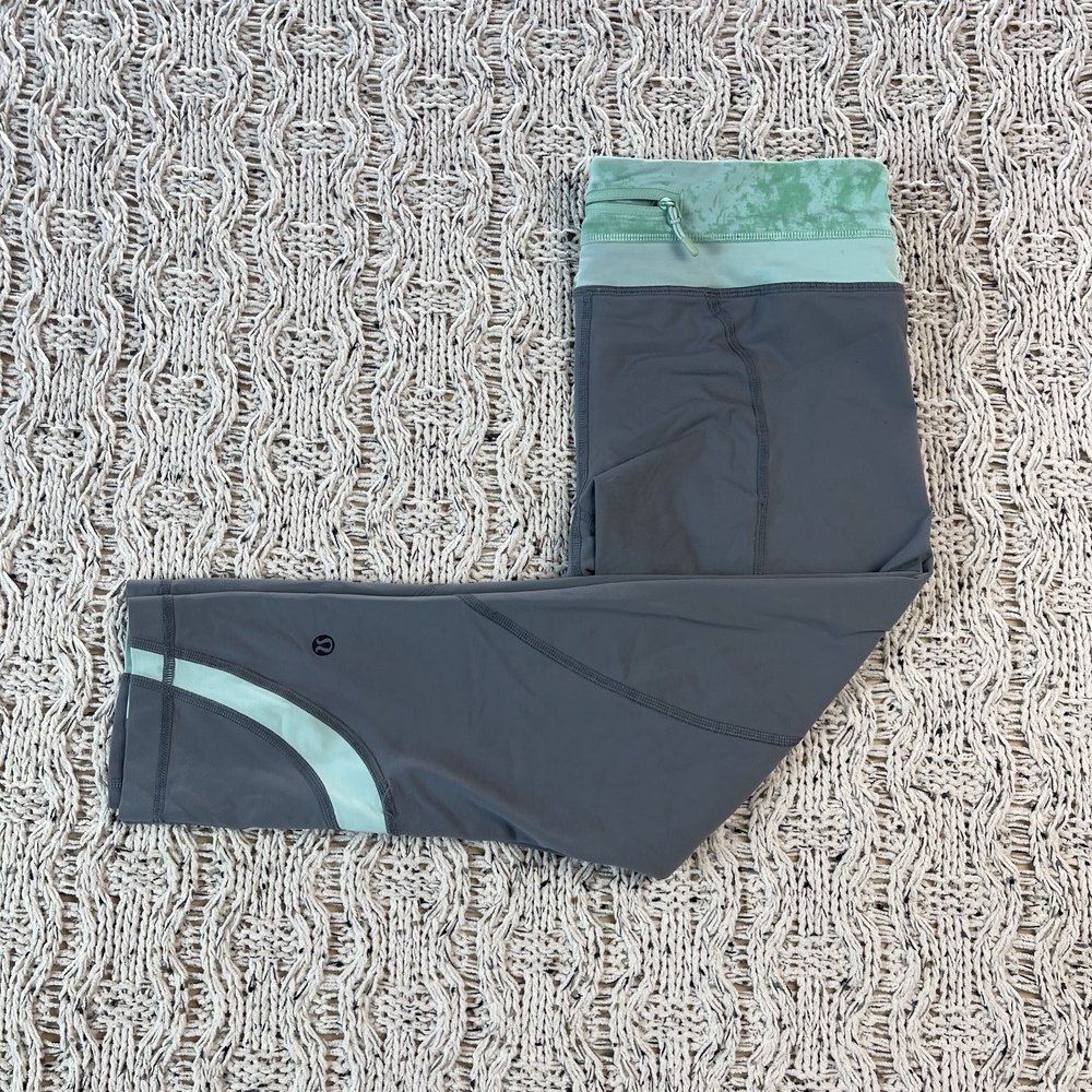 Lululemon Run Crop Athletic Leggings Womens 8 Gray Nylon Back Zip Pocket Length